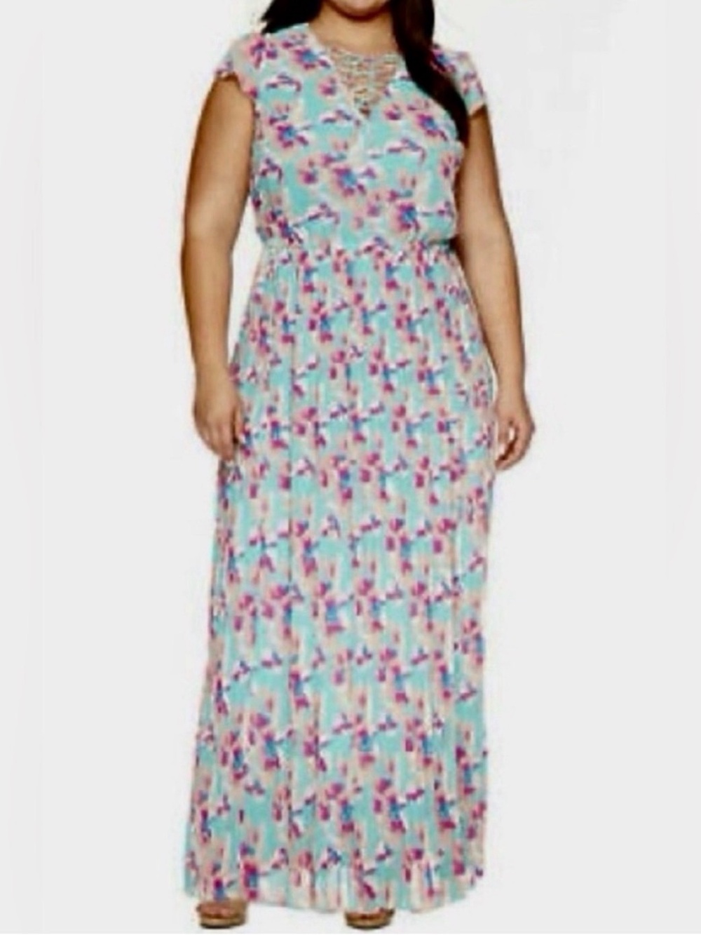 Ashley Nell Tipton Mint Floral Pleated Dress with Pink & Purple Accents 3X - Picture 14 of 16